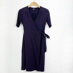 Lands' End Navy Blue Wrap Tie Front Midi‎ Dress Size XS Short Sleeve V-Neckline